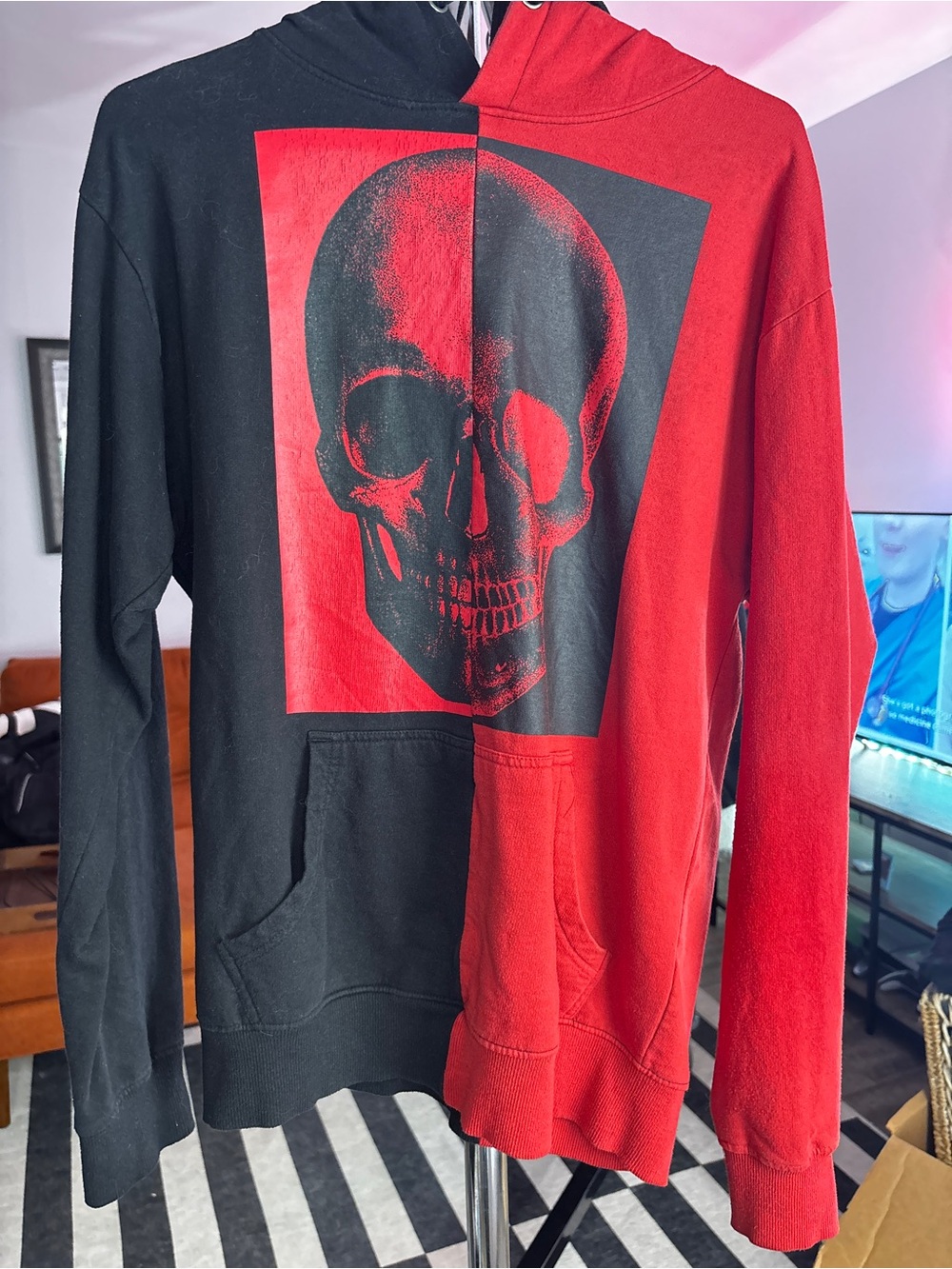 Hot Topic Red and Black Split Skull Hoodie - Men